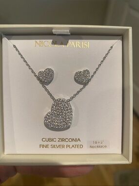 Silver Heart Necklace and Earrings Set - Silverplate Cubic Zirconia